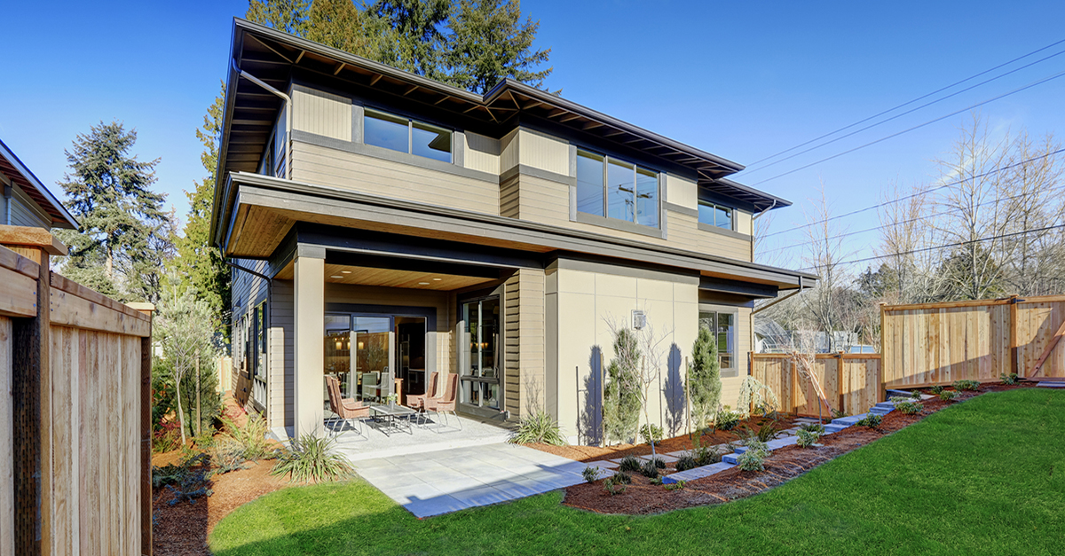 The backyard of a large suburban home